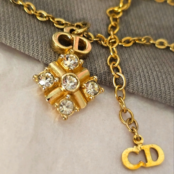 Christian Dior Vintage Gold and Rhinestone "CD" Pendant Necklace - Picture 3 of 14